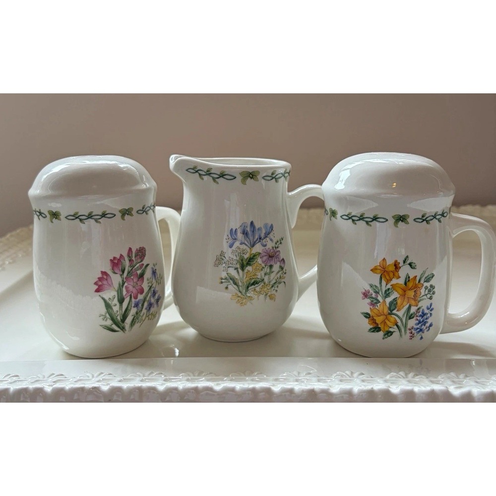 Thomson Pottery Floral Garden China Creamer & Covered Shakers Set Microwave Safe